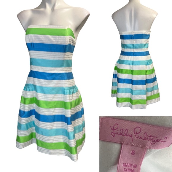 Lilly Pulitzer Jordan Dress 6 Multicolor Organza Stripe Strapless - Picture 1 of 7